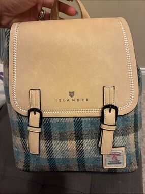 Islander Beige Leather & Blue Plaid Backpack